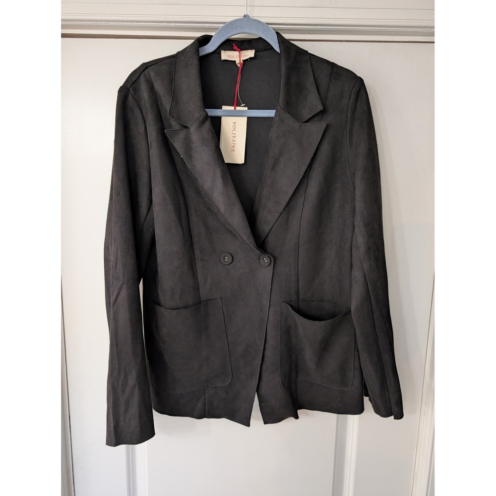 Solitaire Womens Black‎ Faux Suede Double Breasted Blazer Jacket NEW large